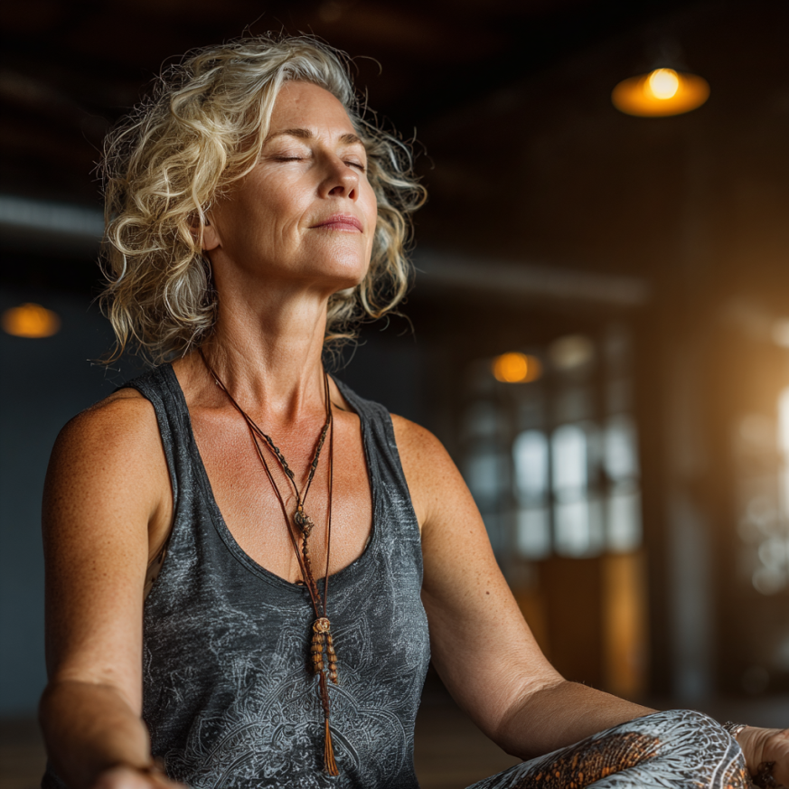 Пожилая женщина занимается йогой