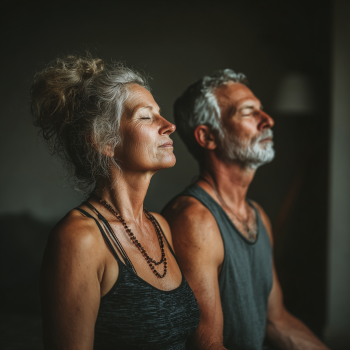 Группа пожилых людей занимается йогой